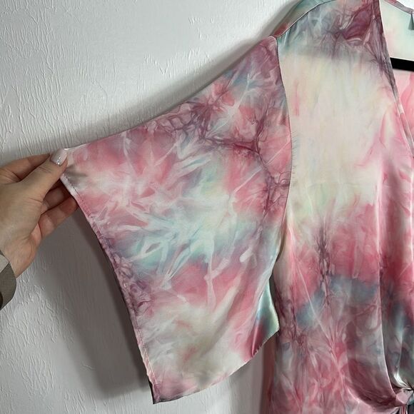 Adrienne Tie Front Watercolor Tie Dye Boho V-neck Blouse Top Size L - Picture 2 of 7